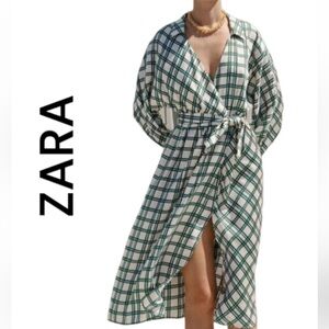 ZARA green ecru check print midi dress crossover wrap front